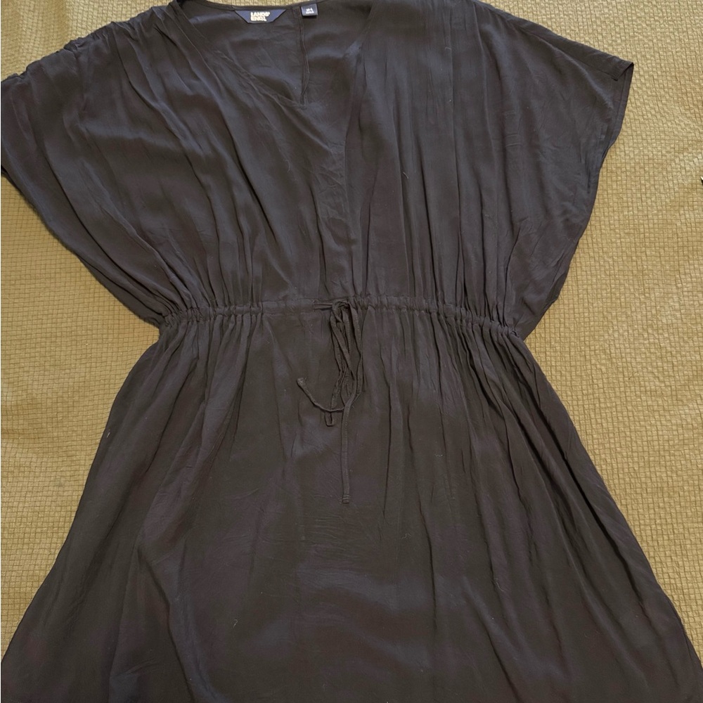 Lands' End Black V-Neck Drawstring Waist Midi Dress